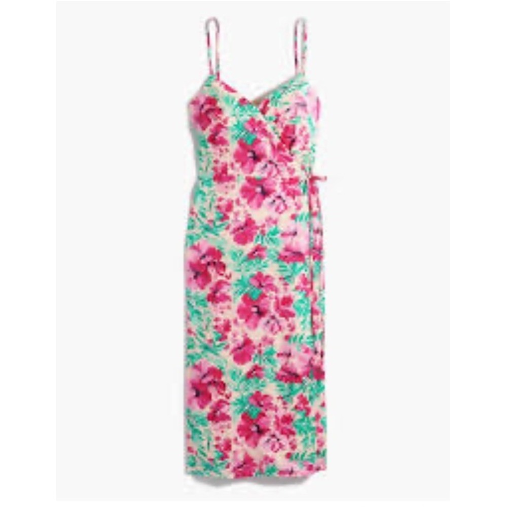 J.Crew‎ Womens Pink Green Floral Wrap Midi Dress Cotton Sleeveless Size 6 Lined